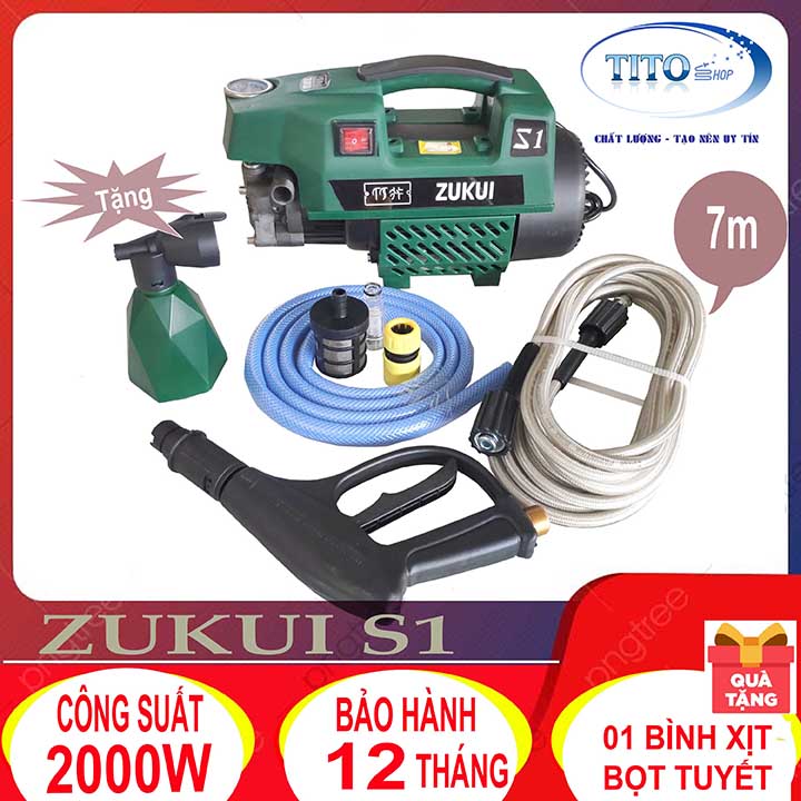 MÁY RỬA XE ZUKUI S1 - 2000W - dây cao áp dài 7m - Tặng bình bọt xà bông
