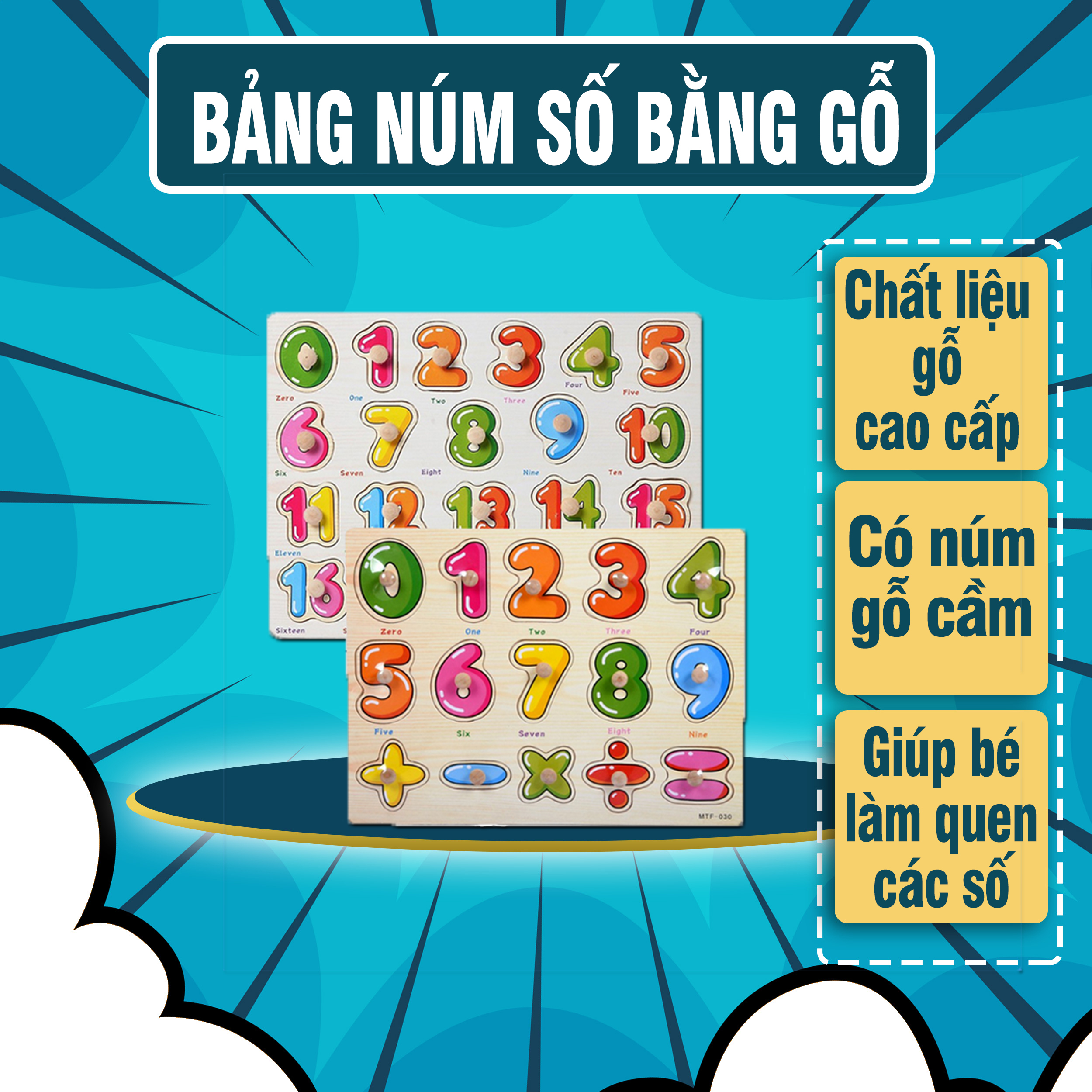 Bảng Gỗ Chữ Số Có Núm Cầm - 20 Số, gỗ cao cấp, bề mặt nhẵn mịn an toàn cho bé - Đồ chơi trí tuệ giúp bé nhận biết được mặt số và các phép tính cơ bản, bang chu cai cho be, bảng chữ cái thông minh bằng gỗ - Luna Baby