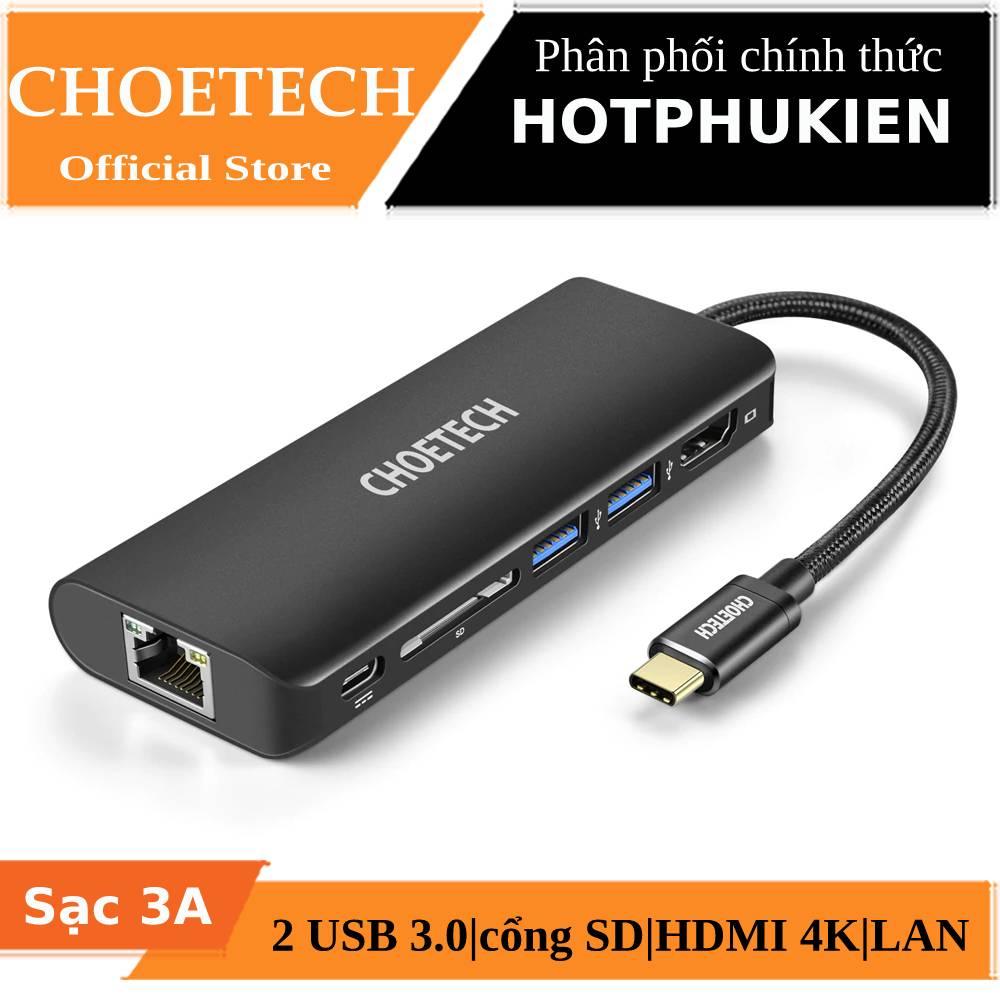 Hub chia cổng type-c đa năng 6 in 1 hiệu choetech m05 cho macbook / điện thoại hỗ trợ sạc nhanh type-c pd 3.0 2 usb 3.0 cổng lanhdmi chuẩn 4k cổng sd - phân phối bởi hotphukien