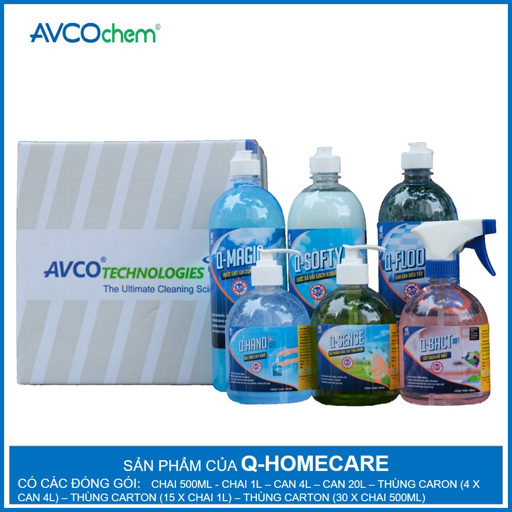 COMBO Sản Phẩm Diệt Khuẩn Q-HOMECARE (Nước Giặt Diệt Khuẩn, Nước Xả Vải Diệt Khuẩn, Nước Lau Sàn Sạch Khuẩn, Nước Tẩy Sạch Khuẩn Bề Mặt, Gel Rửa Tay Khô, Xà Phòng Rửa Tay) - thùng carton (chai 500 ml và 1 lít) - AVCOchem - Q-HOMECARE