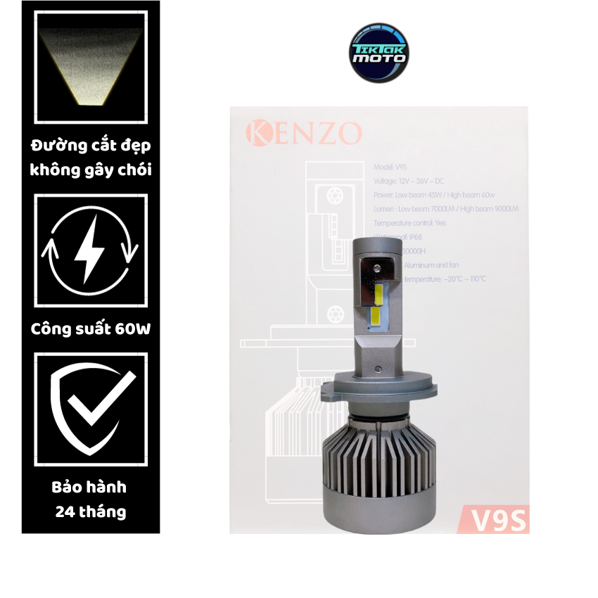 Đèn led xe máy siêu sáng Kenzo V9S chân H4 60W wave sirius vision 9000 lumen TikTakMoto