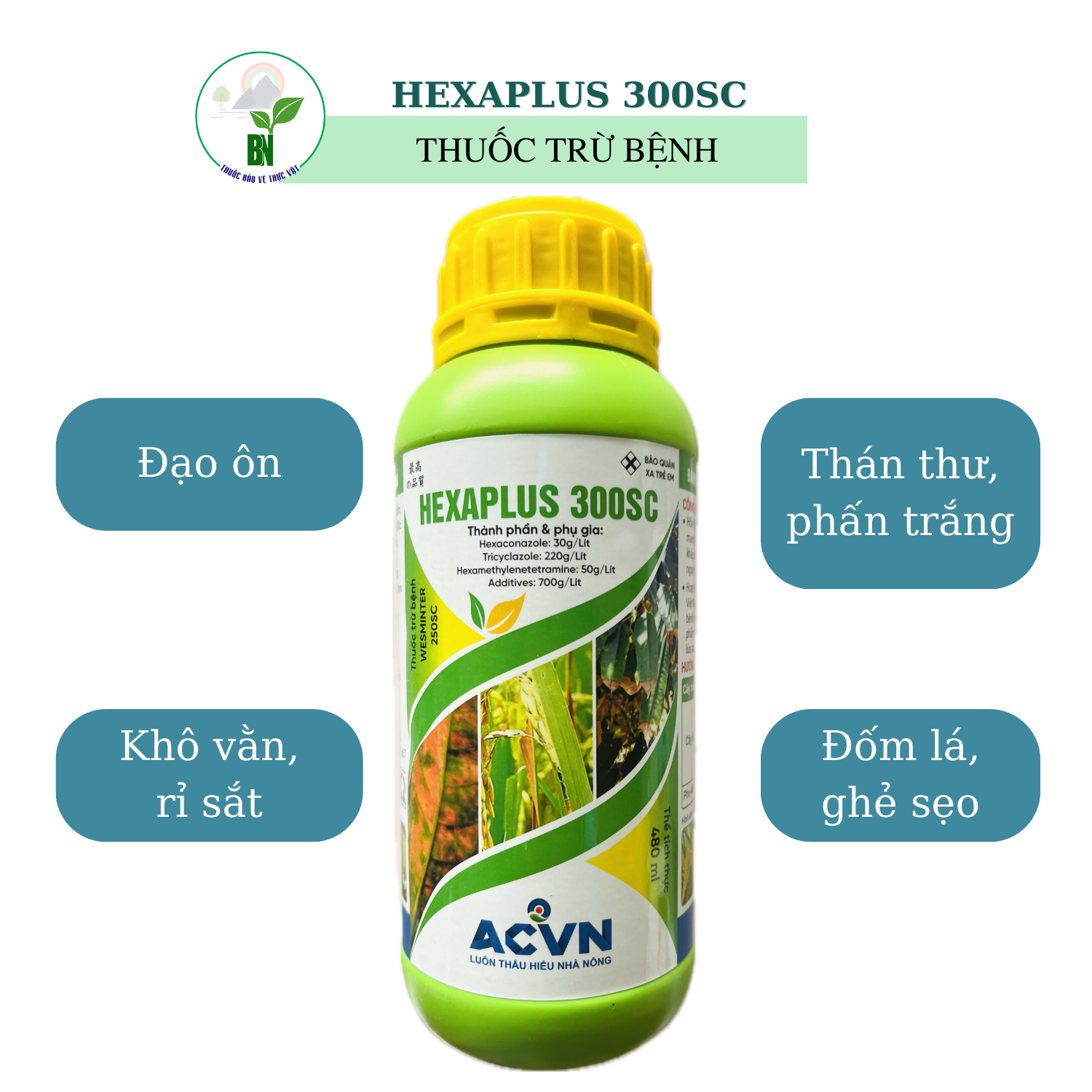 Thuốc trừ bệnh acvn - hexaplus 300sc - phòng trừ các bệnh đạo ôn, rỉ sắt, nấm hồng, thán thư...