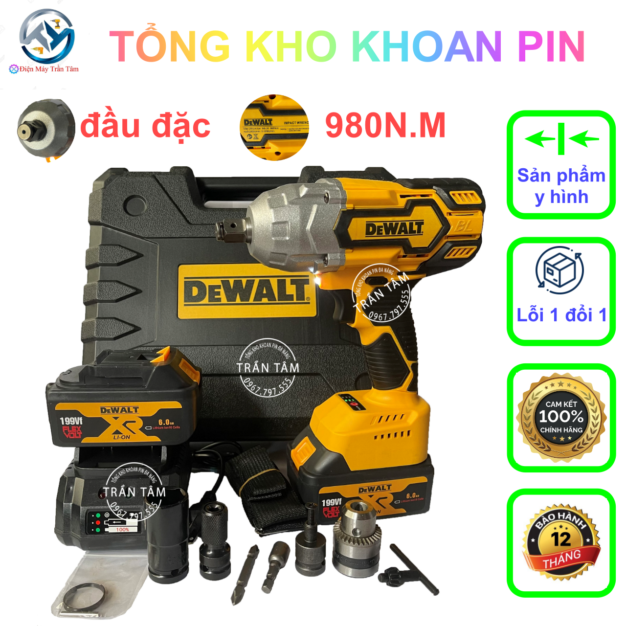 Máy siết bulong pin không chổi than dewalt 980nm đầu đặc 2pin kèm đầu chuyển khoan chuyển vít full box