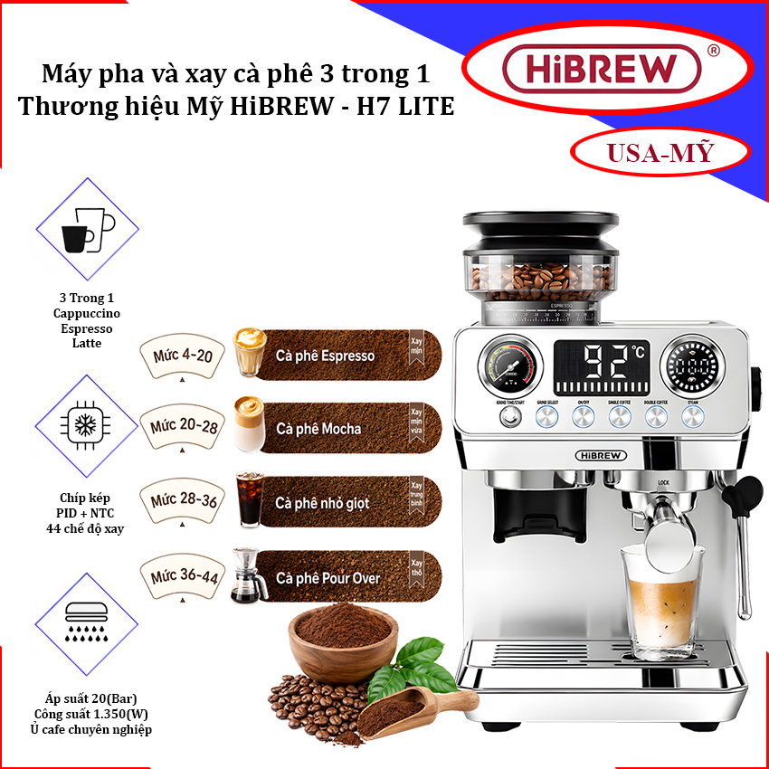 Máy Pha Và Xay Cà Phê Bán Tự Động HiBREW H7 LITE 3 Trong 1 | 44 Chế Độ Xay, Espresso, Cappuccino, Latte
