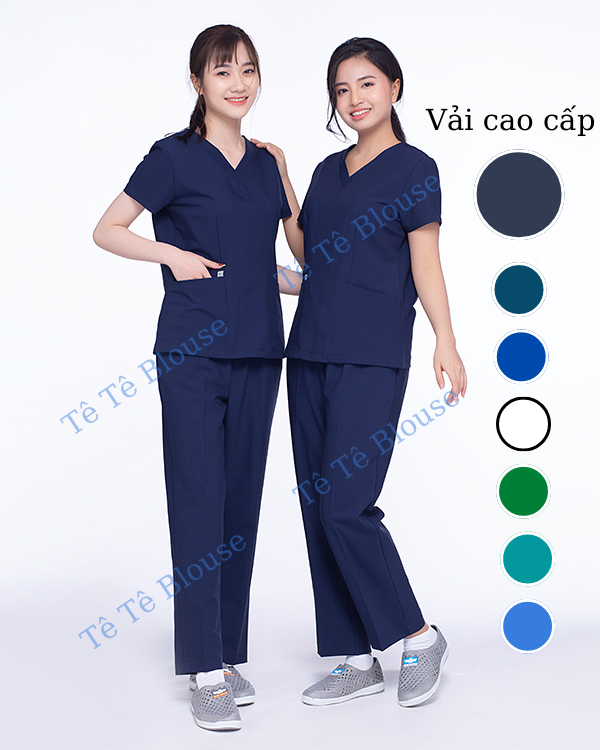 Bộ SCRUBS cổ tim, đồng phục phẫu thuật, Spa, phòng khám, Bác Sĩ, điều dưỡng, dược sĩ màu TÍM THAN vải thường và Vải Thun co giãn cao cấp