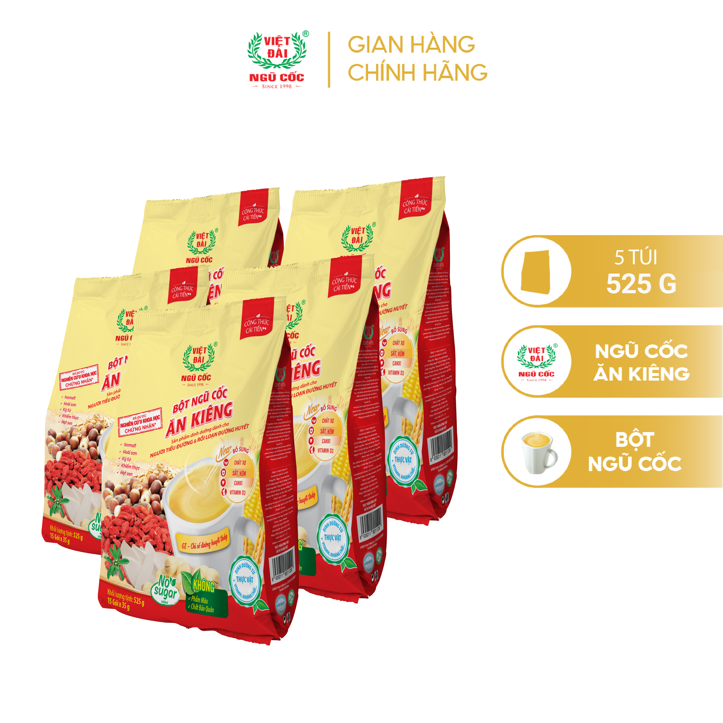Combo 5 Bột Ngũ Cốc Ăn Kiêng VIỆT ĐÀI Không Đường Cung Cấp Đầy Đủ Dinh Dưỡng Cho Người Giảm Cân Túi 525g
