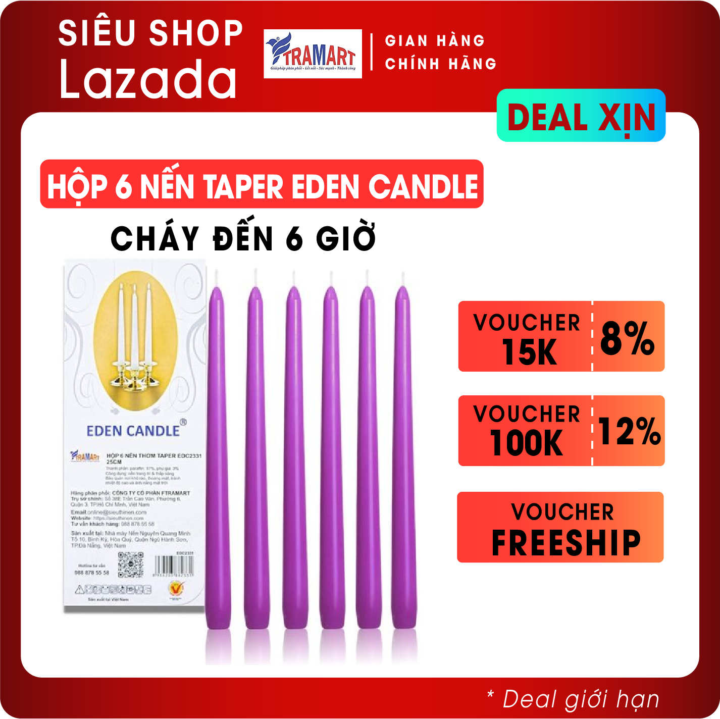 Hộp 6 nến thơm taper Eden Candle FTRAMART EDC2331 25cm (Tím)