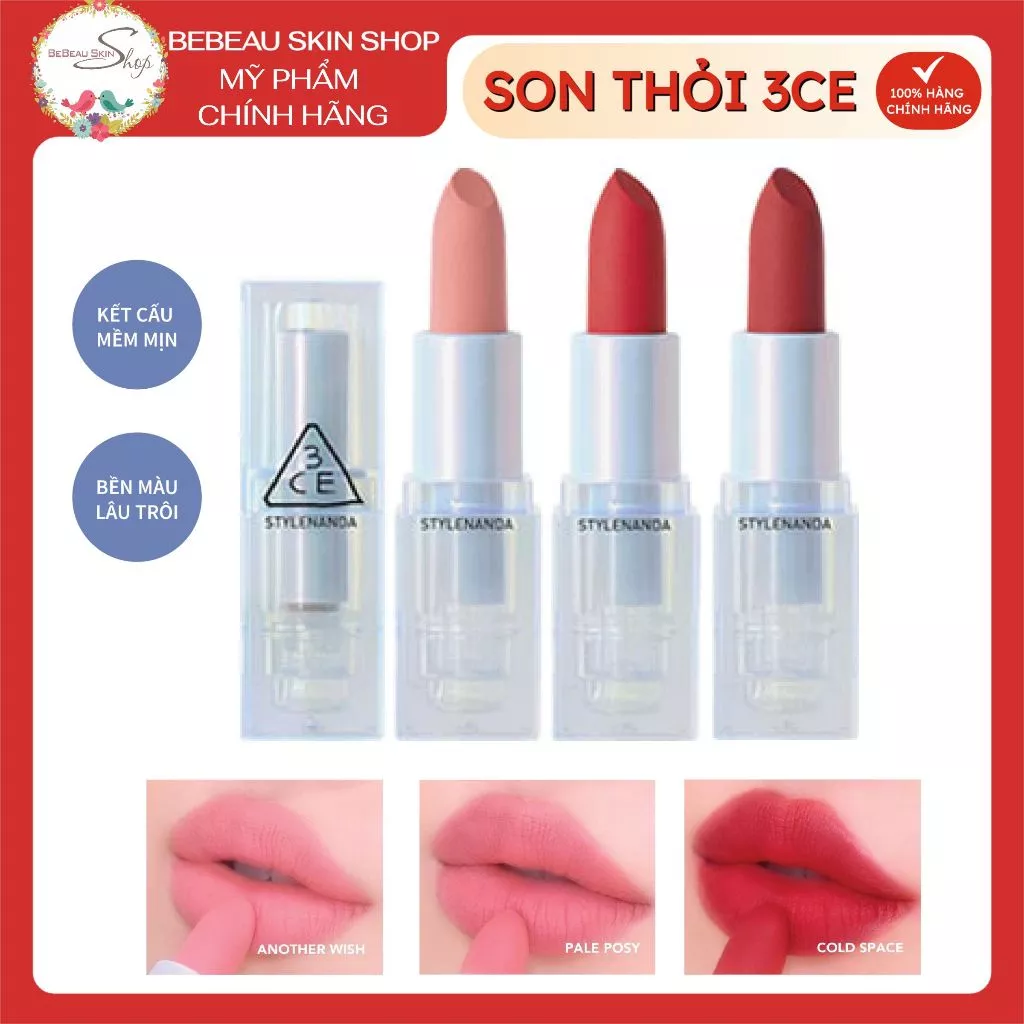 Son Thỏi 3CE Vỏ xanh  Summer Radiance Matte Lip Stick AZURE PINK -  COLD SPACE - BREEZY PINK - PALE 