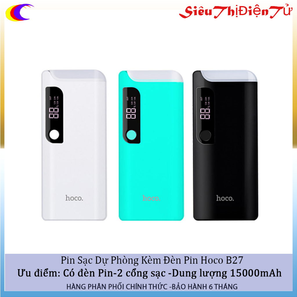 Pin sạc dự phòng kèm đèn pin hoco b27 dung lượng 15000mah đèn led hiển thi pin và dong điện