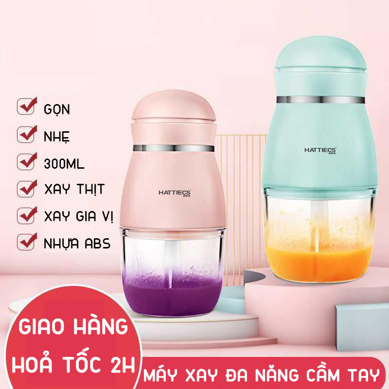 Máy xay sinh tố mini cầm  tay đa năng Hattiecs chuyên dụng xay đồ cho bé ăn dặm cối thủy tinh an toàn vệ sinh