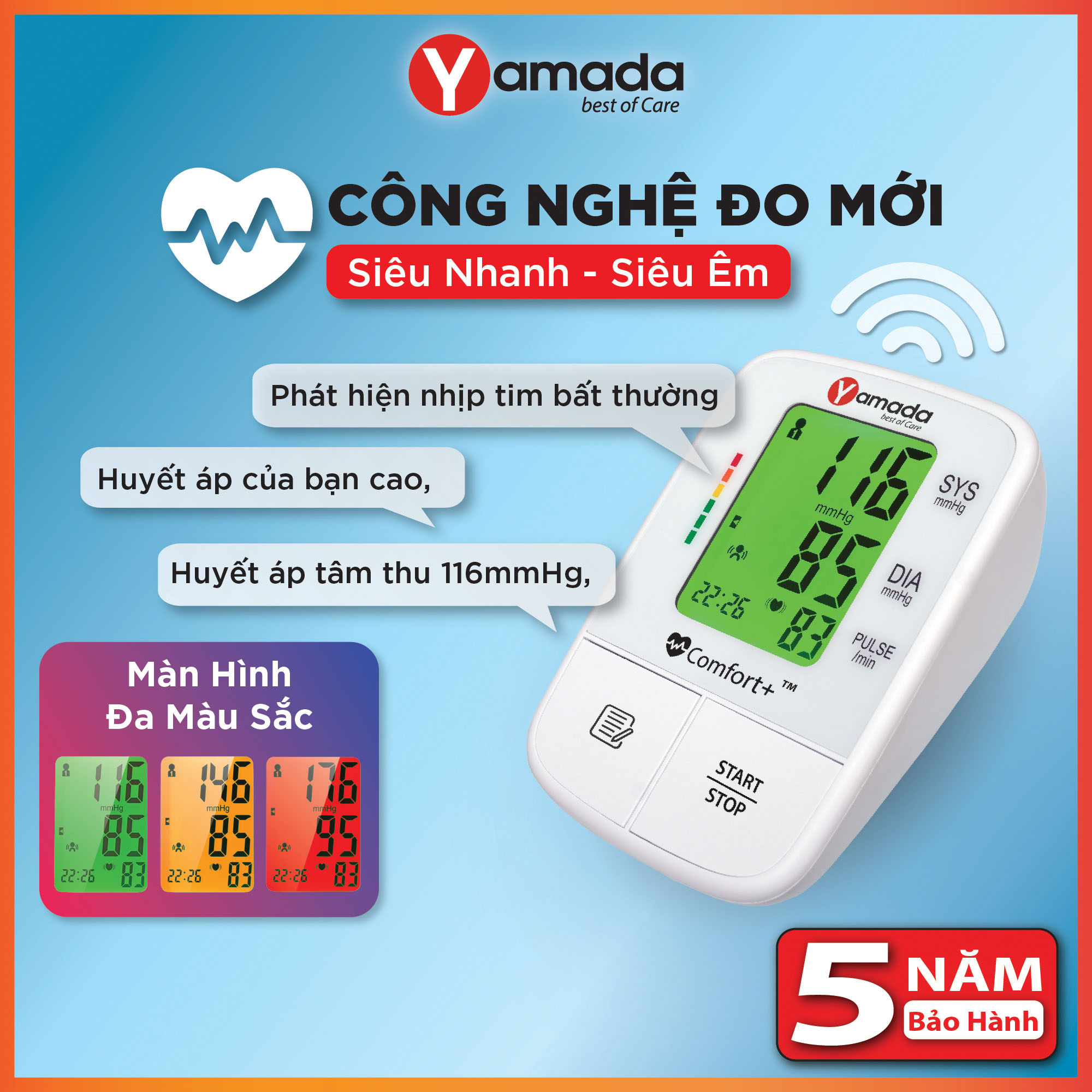 Máy đo huyết áp điện tử Yamada 6191 công nghệ Nhật Bản - Giọng nói tiếng Việt, Màn hình đa màu, Đo siêu nhanh Comfort+, Cảnh báo nhịp tim