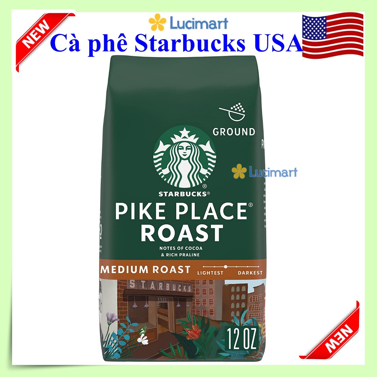 Cà phê Starbucks rang xay sẵn 100% Arabica Coffee Pike Place Medium roast 340g (USA)