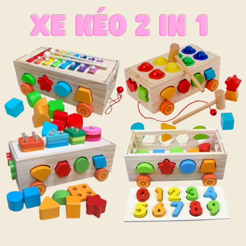 Đồ Chơi Gỗ,Xe Kéo Thả Hình Khối Kết Hợp Đàn Xylophone Và Bảng Phân Loại Hình Khối Cho Bé,Đồ Chơi Giáo Dục