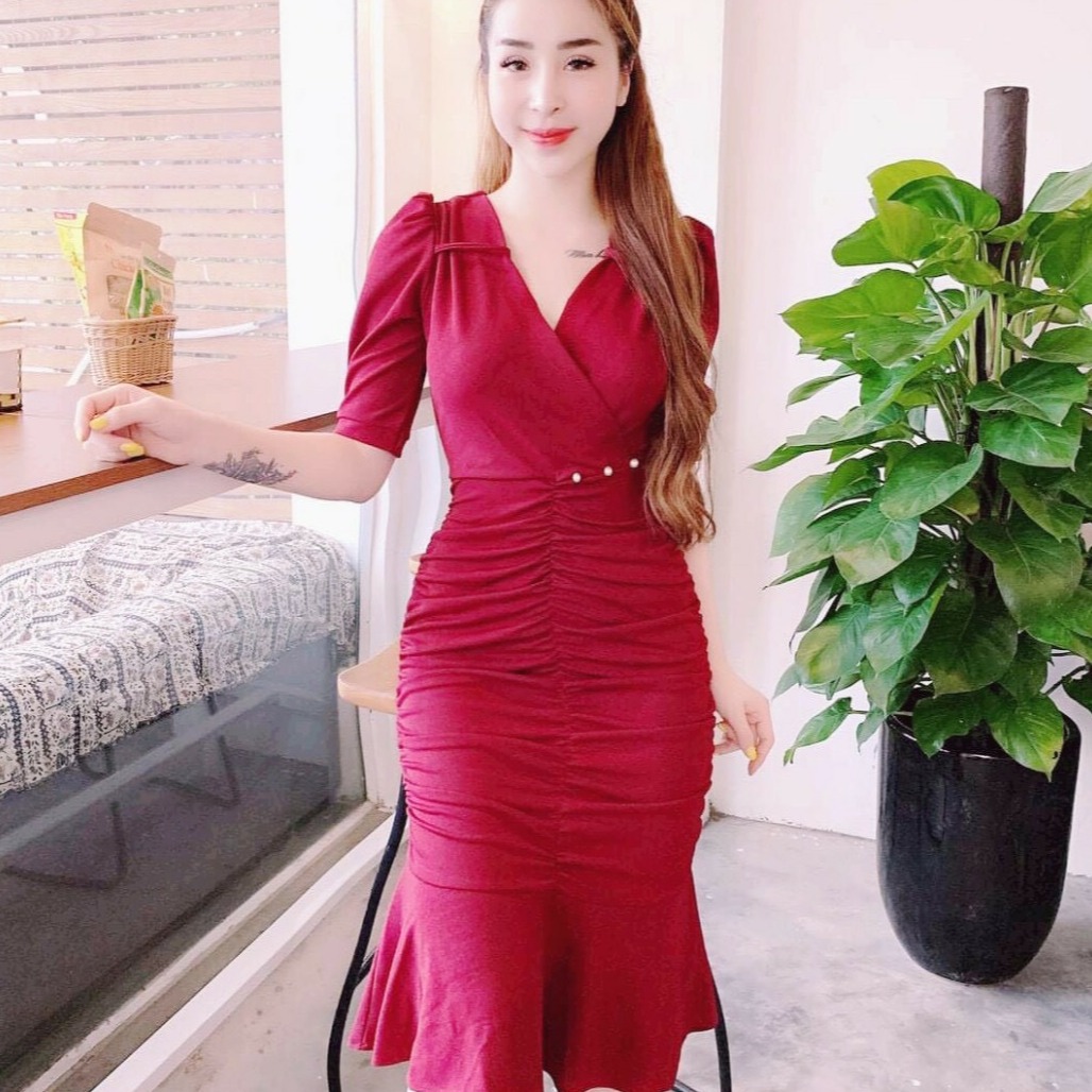 Đầm ôm body đuôi cá eo xếp ly màu hồng đào  C4782