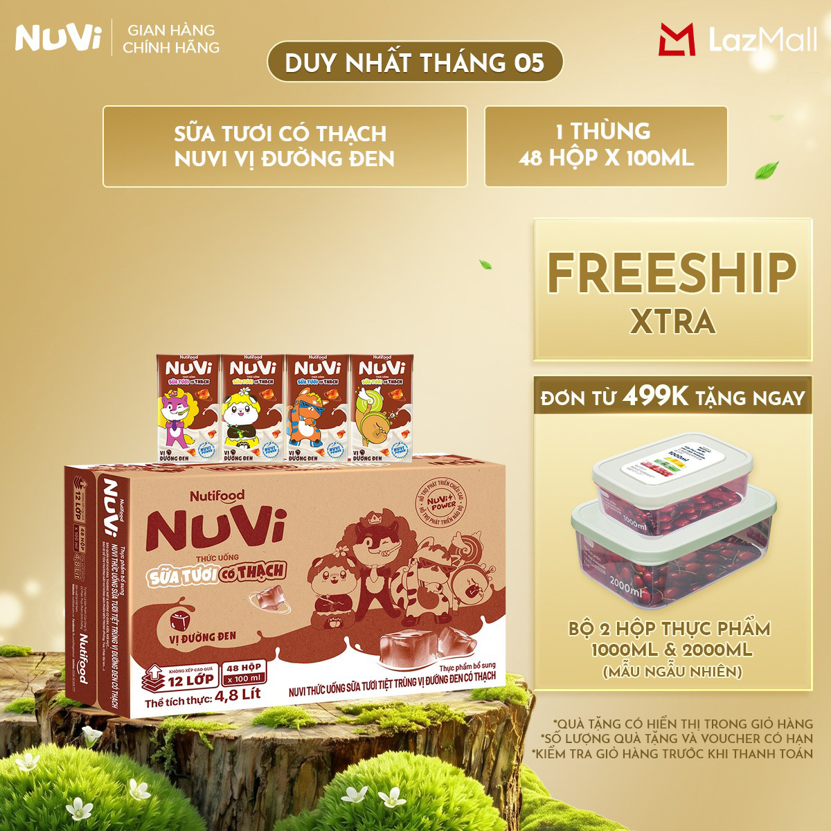 Thùng 48 Hộp Thức Uống Sữa Tươi Có Thạch NuVi Vị Đường Đen 100ml