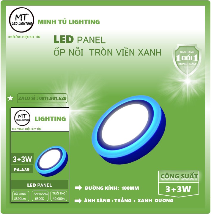 Đèn led nổi ốp trần 3w, 6w,12w,18w vuông , tròn viền xanh dương 3 chế độ ánh sáng