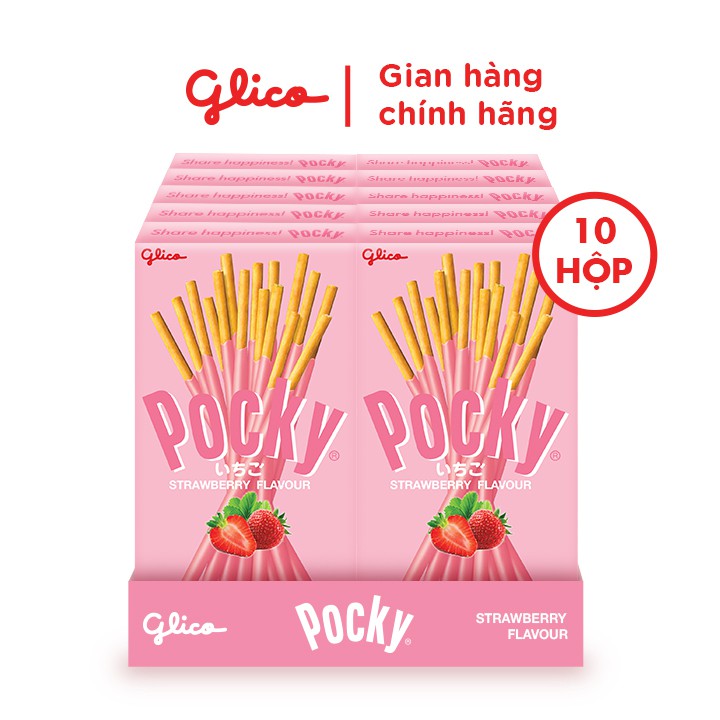Combo 10 hộp bánh snack que Pocky Strawberry Flavour 40g vị Dâu thích hợp ăn vặt