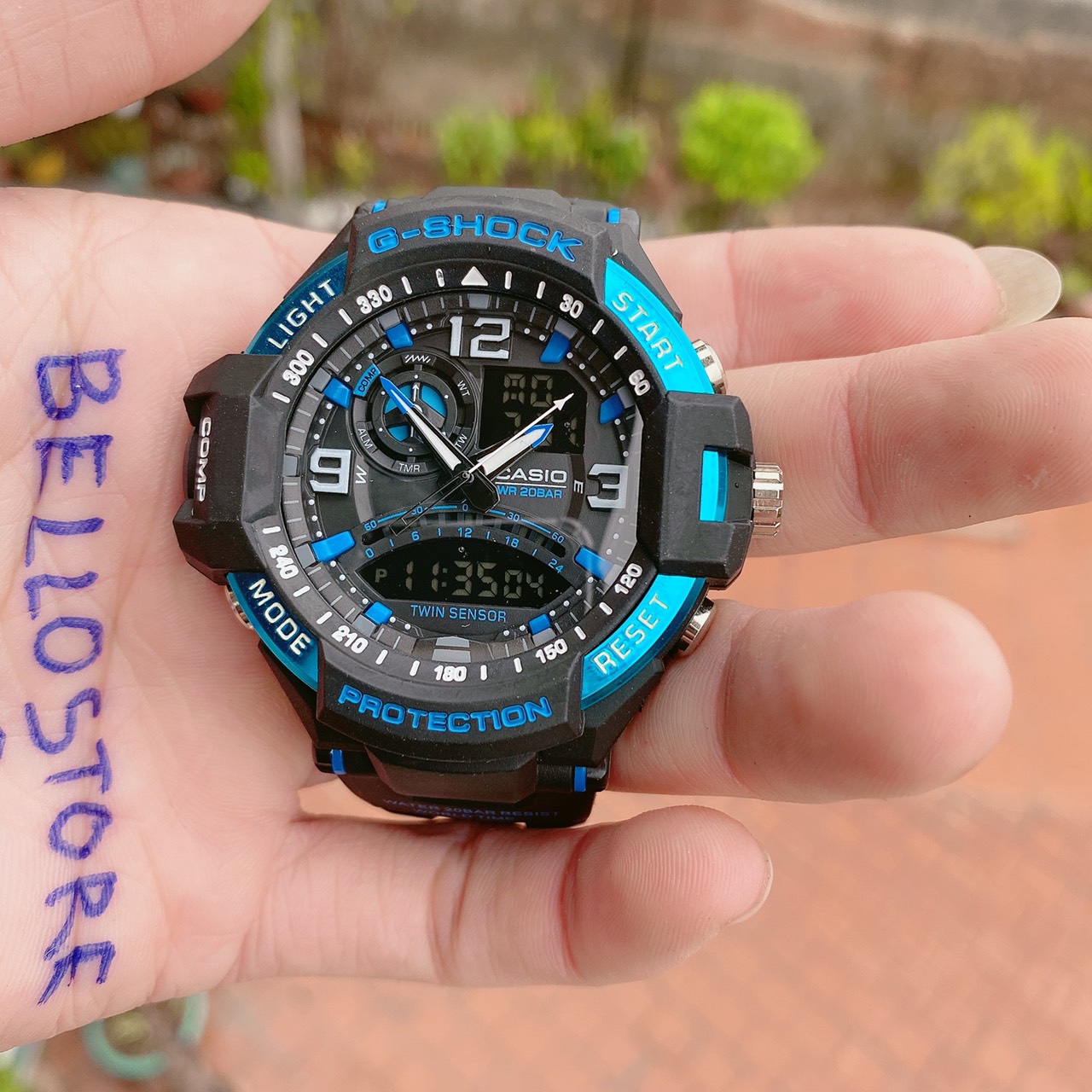 Đồng hồ thể thao G-Shock GA-1000 Màu Đen Viền Xanh Dương Dây cao su viền thép,  GShock GA1000 Kim điện tử tự động chống nước 200m