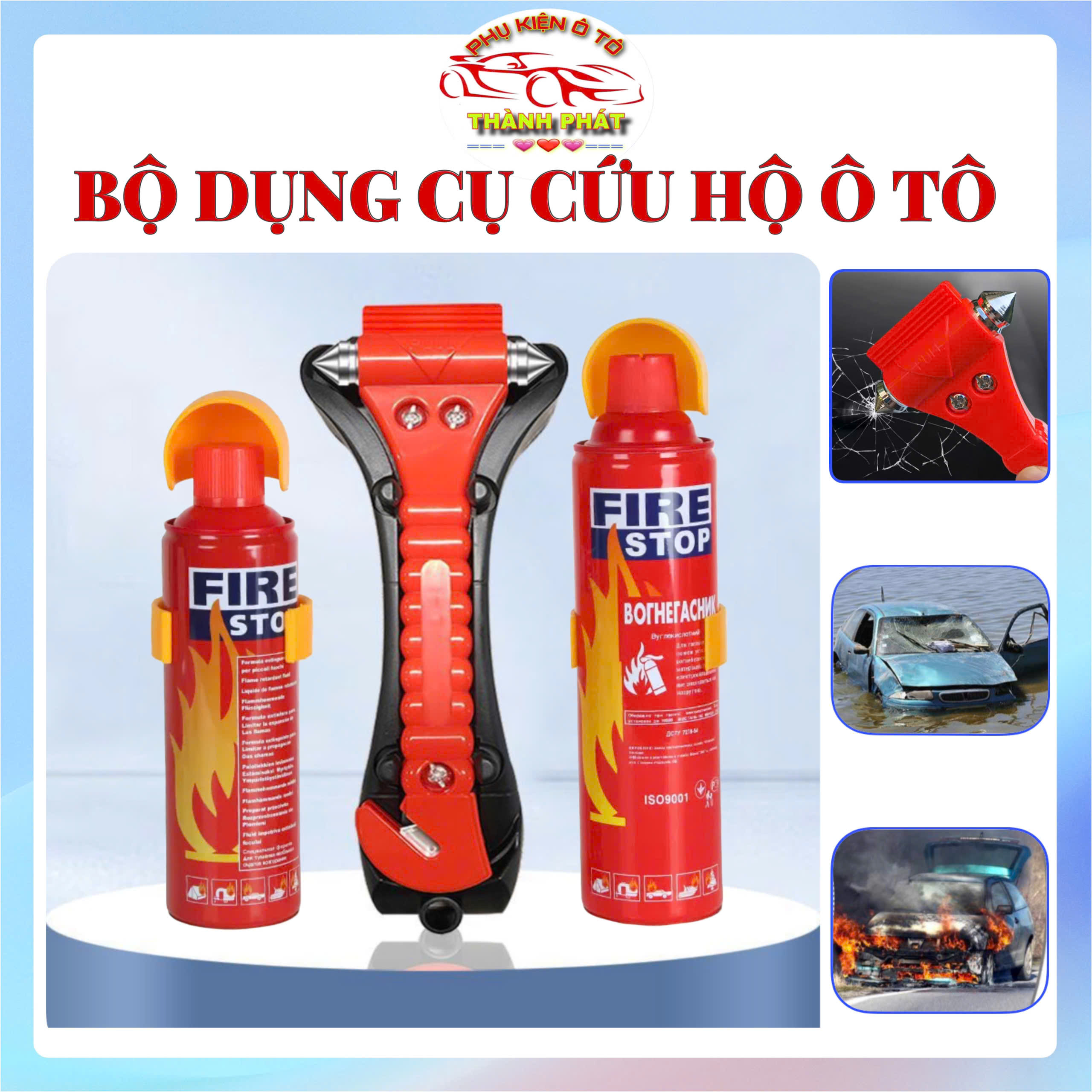 Bộ Dụng Cụ Cứu Hộ Ô Tô: Búa Phá Kính Thoát Hiểm - Bình Chữa Cháy Xịt Bọt Dập Lửa Mini 500ml/1000ml