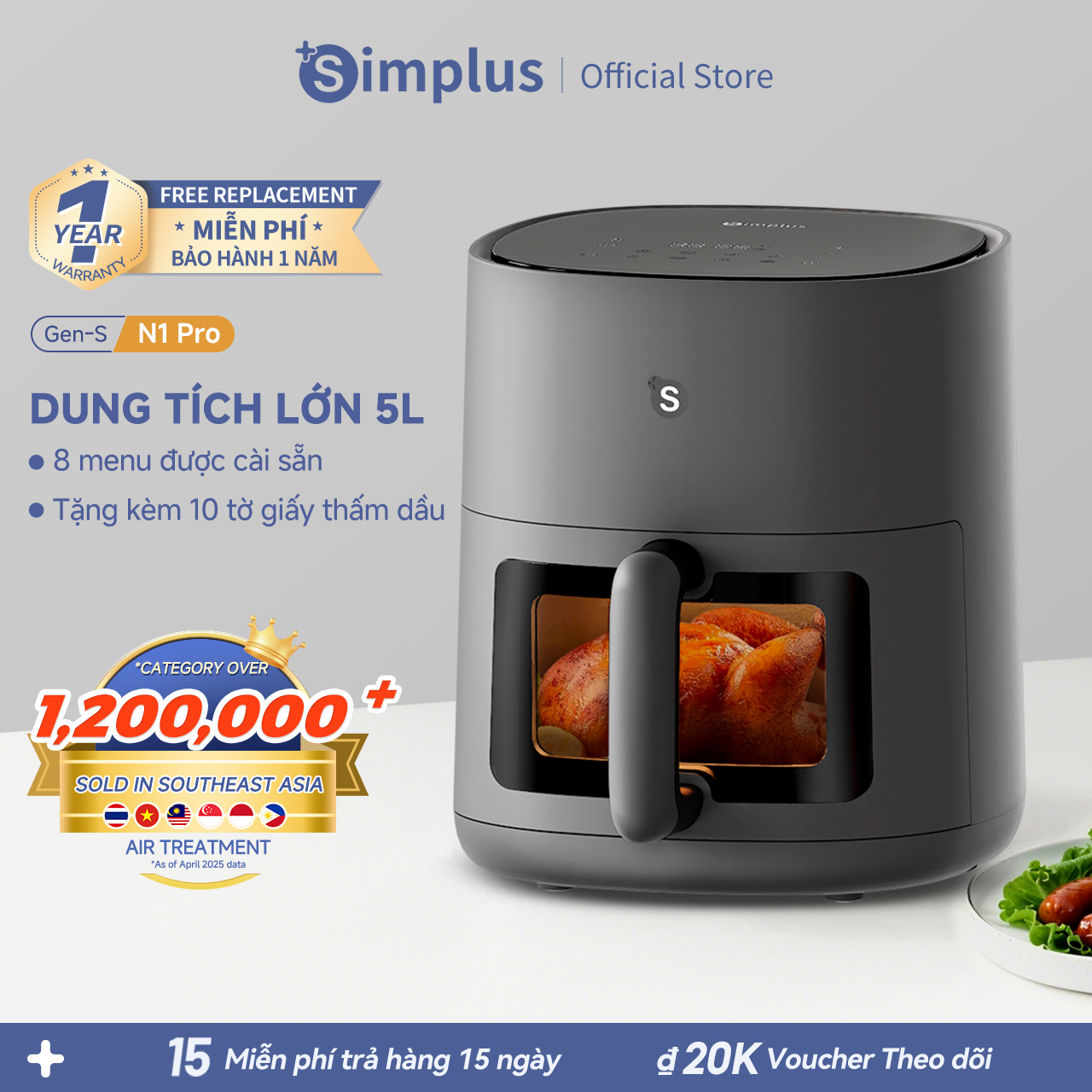 [Sản phẩm mới] Simplus Gen-S N1 Pro Nồi chiên không dầu Có ô cửa sổ Dung tích lớn 5L Gia dụng  Màn hình cảm ứng  Nhiều chức năng Air Fryer