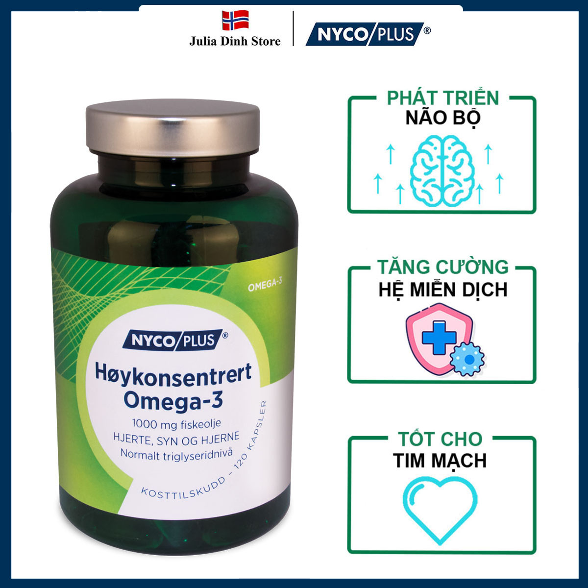 Dầu cá Omega 3 1000mg Hoykonsentrert Nycoplus nội địa Na Uy - 120 viên