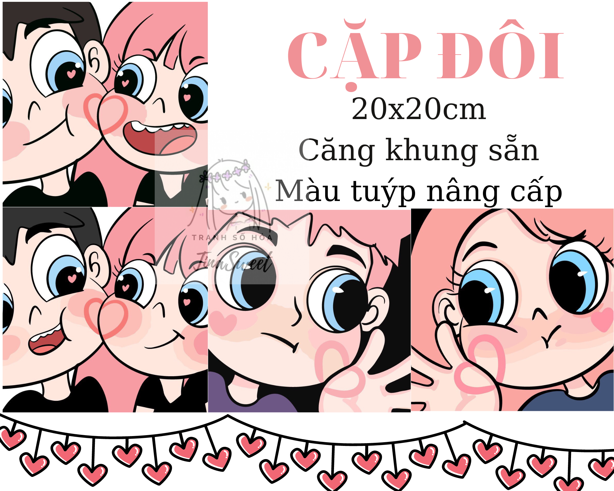 Tinasweet tranh tô màu theo số tình yêu, cặp đôi tình nhân - size 20x20cm, đã căng khung sẵn, kèm màu và cọ vẽ