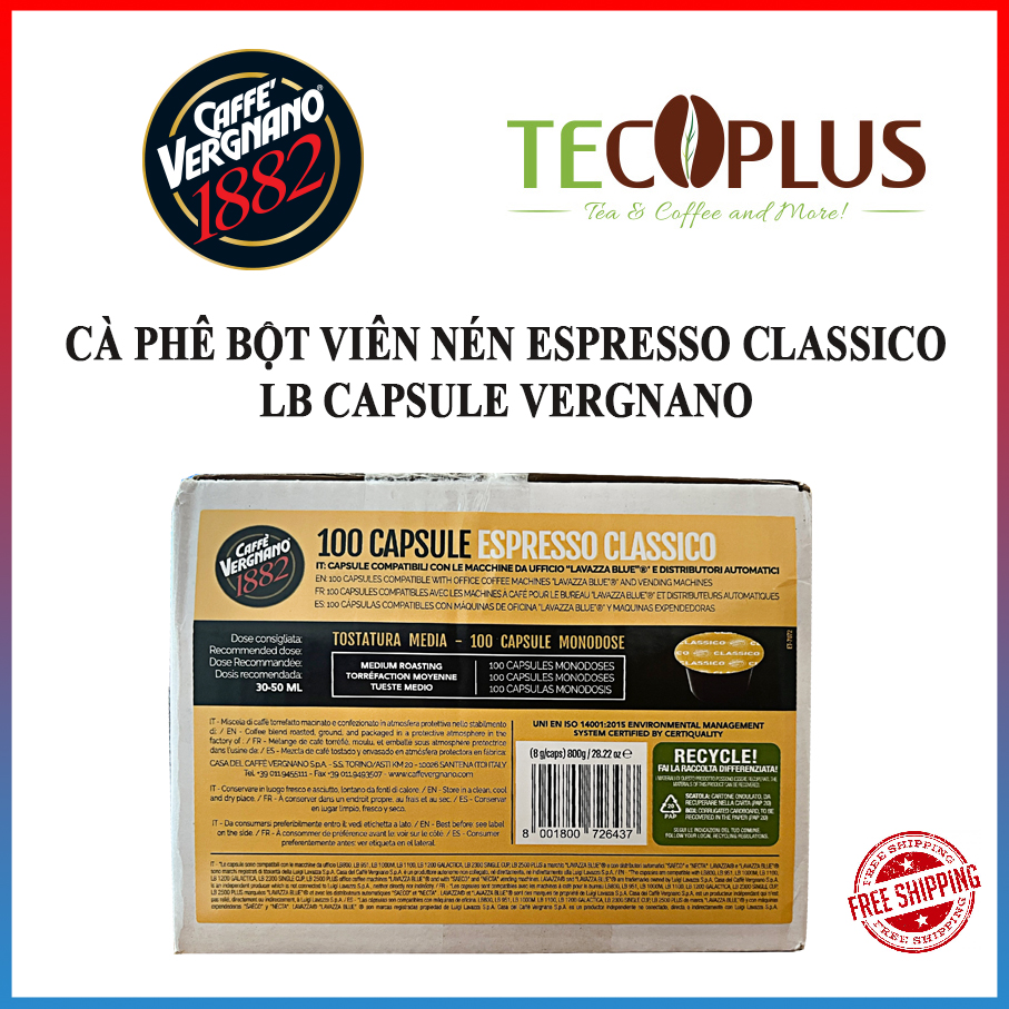 [HÀNG NHẬP KHẨU] Cà Phê Bột Viên Nén Espresso Classico LB Capsule Vergnano 1 thùng / 100 viên nén
