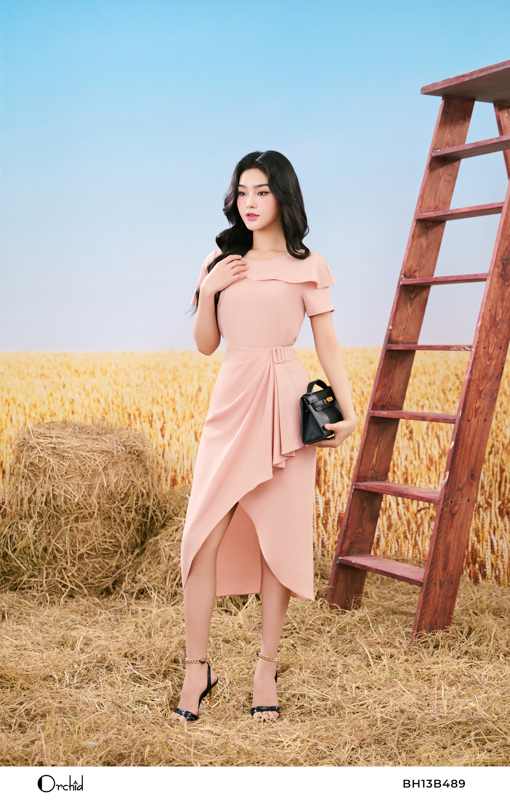 Set công sở áo cộc tay bèo phối chân váy xẻ tà twill silk Orchid - BH13B489