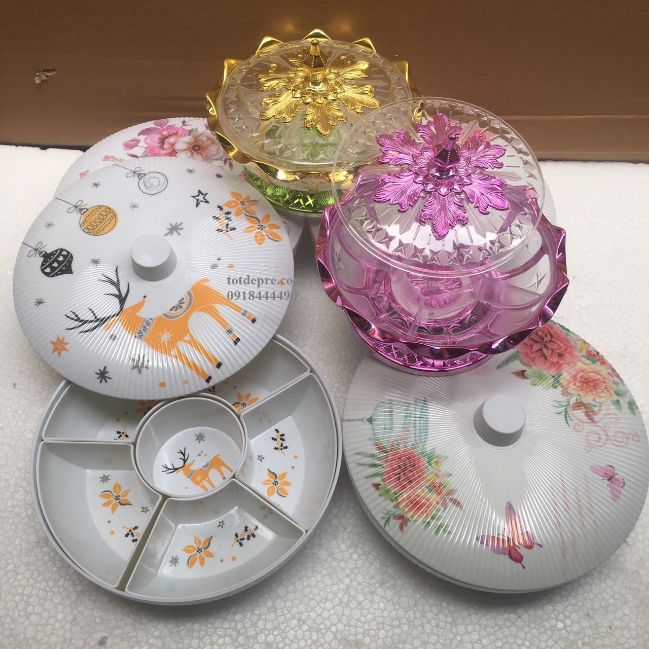 Khay mứt Tết chân xoay 360 độ - khay mứt đẹp sang trọng nhựa phíp