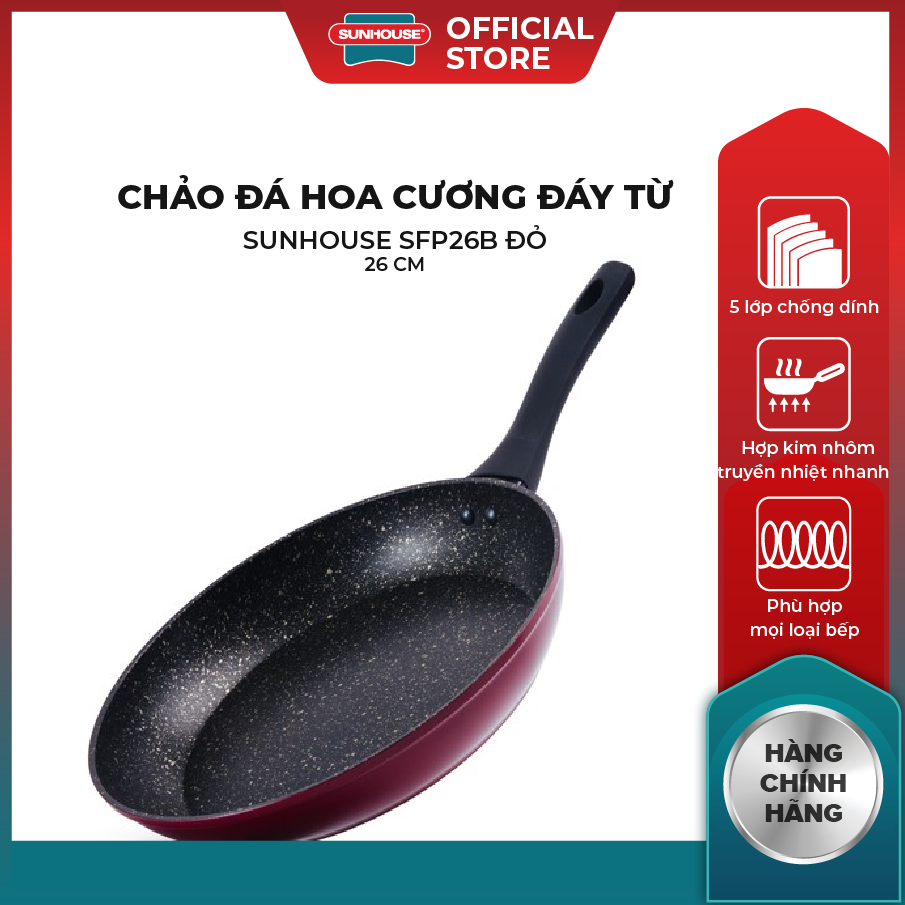 Chảo đá hoa cương SUNHOUSE chống dính đáy từ 26cm SFP26B màu đỏ