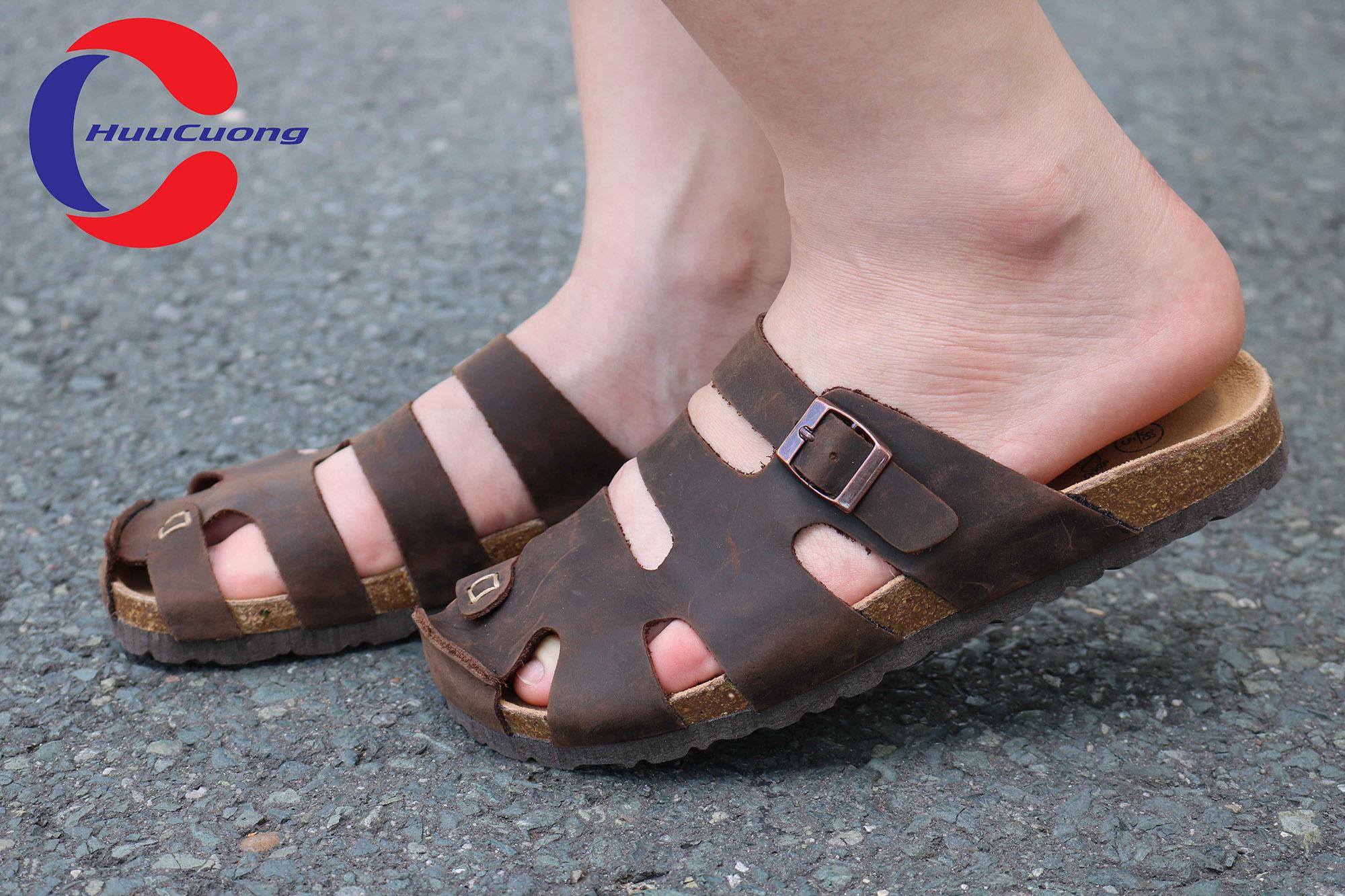 Dép sandal bít mũi da bò nam nữ đế trấu