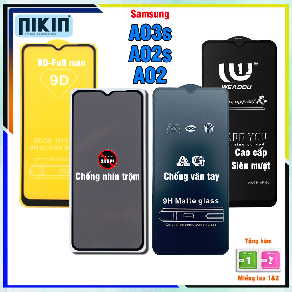 Kính cường lực Samsung A02s / Samsung A03 / Samsung A02 - Full màn cao cấp chống nhìn trộm , chống vân tay, weaddu, không full không viền - Nikin Official