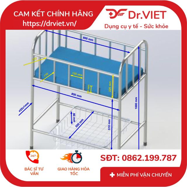 Giường nôi INOX cho trẻ em , kích thước 840x400x720mm