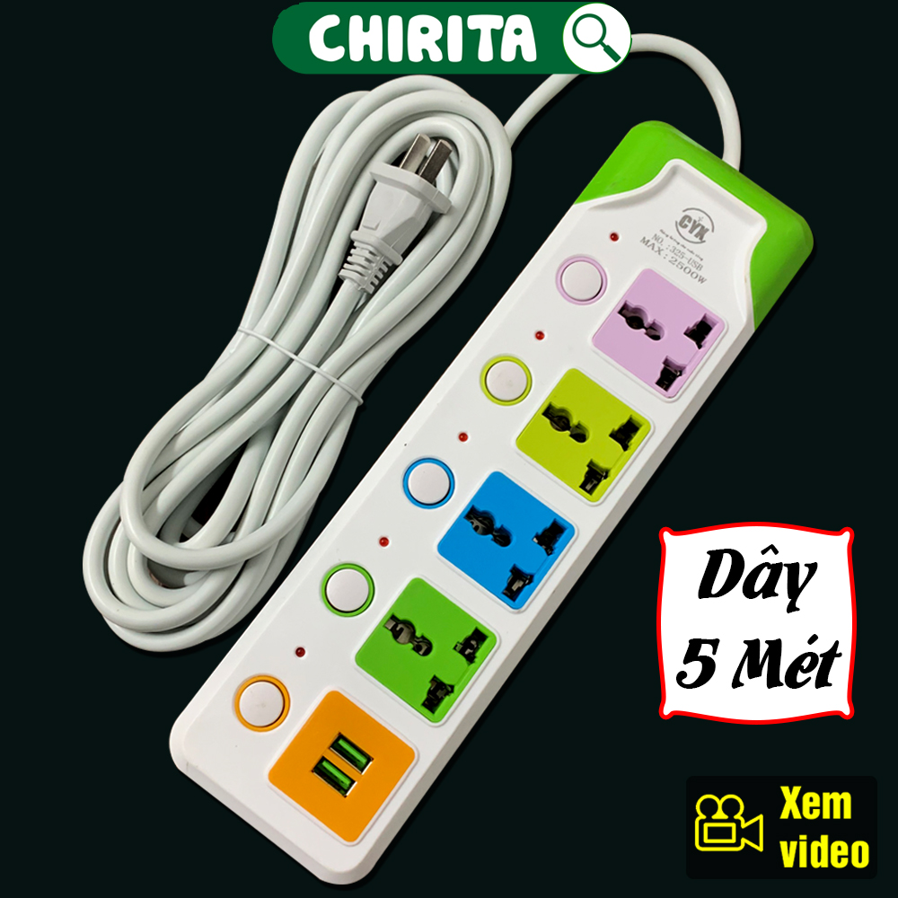 Ổ Cắm Điện Đa Năng 4 Phích Cắm 3 Chấu LOẠI XỊN - Ổ Cẳm Điện Đa Năng 2 Cổng Sạc USB CYX325U Công Suất 2500W CHIRITA