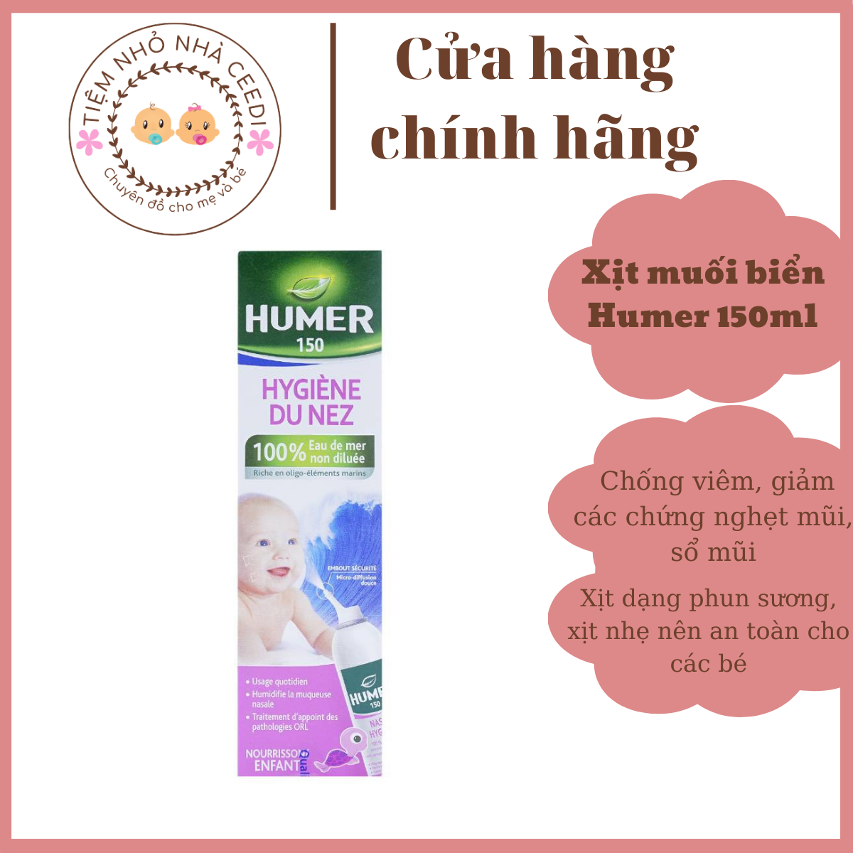 Dung dịch xịt muối biển cho bé Humer Nasal Hygiene giúp vệ sinh mũi của bé sạch sẽ giảm viêm mũi chai 150ml - Tiệm Nhỏ Nhà CeeDi