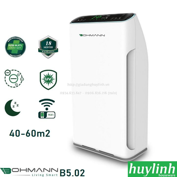 Máy lọc không khí bohmann b5.02 - 60m2 - điều khiển wifi - diệt khuẩn uv