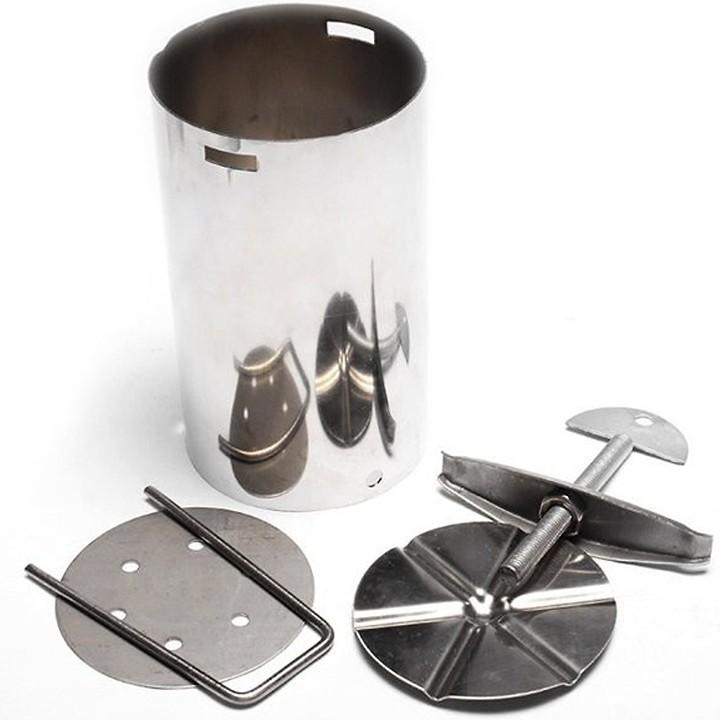 [HCM]khuôn làm giò chả inox 1kg Với loại không có vít- khuôn được đục 4 lỗ trên thành ống và có 2 cái que xiên bắt chéo để chèn chặt nắp đậy.