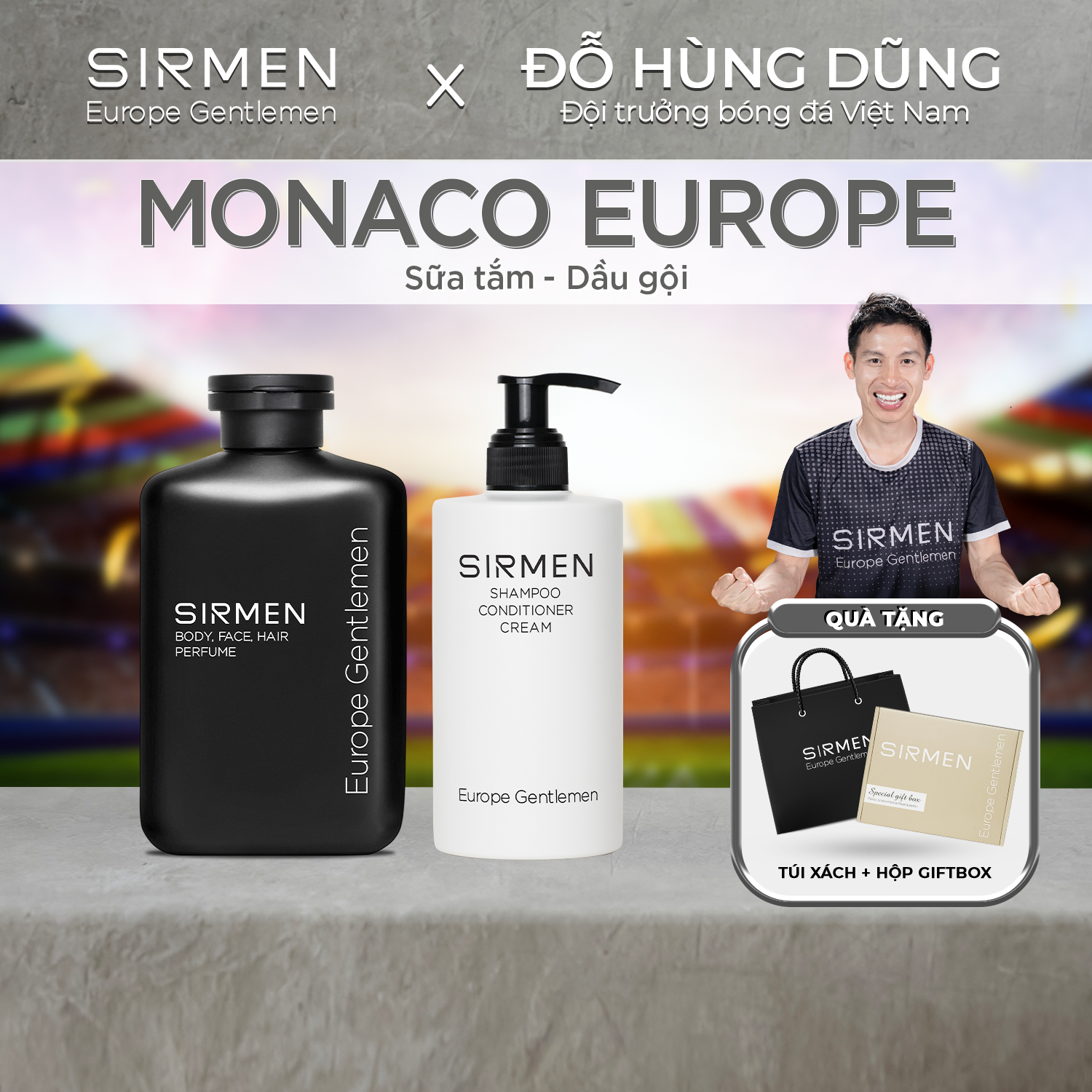 Combo Monaco Europe Sữa tắm gội nam 4 in 1 và Dầu gội nam 3 in 1 hương nước hoa châu Âu SIRMEN Europe Gentlemen chiết xuất tự nhiên công nghệ EU-Nano đậm đặc gấp 2 lần