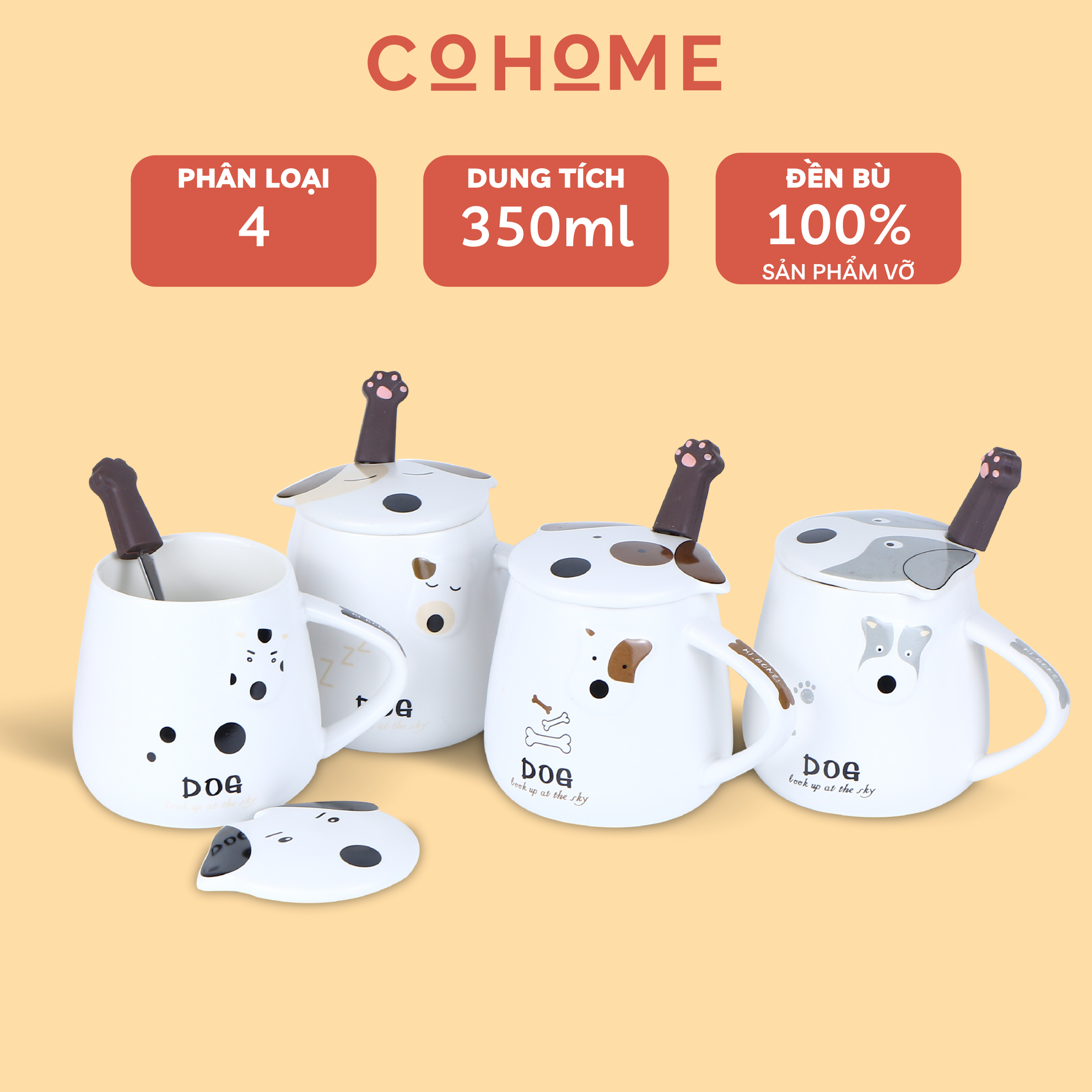 Cốc sứ, cốc cà phê hình chó dễ thương, có nắp đậy và thìa kèm theo, 4 phân loại lựa chọn