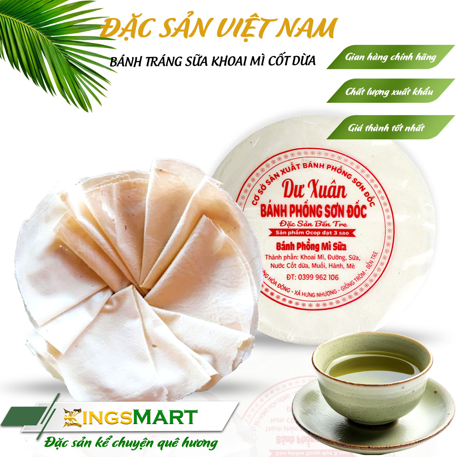 Bánh tráng sữa khoai mì cốt dừa ăn liền - Thương hiệu DƯ XUÂN - Đặc sản Sơn Đốc Bến Tre - Túi 300g/10 bánh - Kingsmart