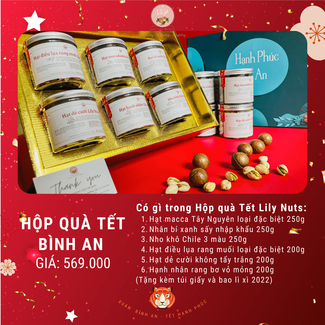 Hộp Quà Tết Cao Cấp Lily Nuts 6 loại hạt - giỏ quà - hạt macca, nho khô 3 màu, hạnh nhân rang bơ, hạt điều rang muối, bí xanh sấy, hạt dẻ cười