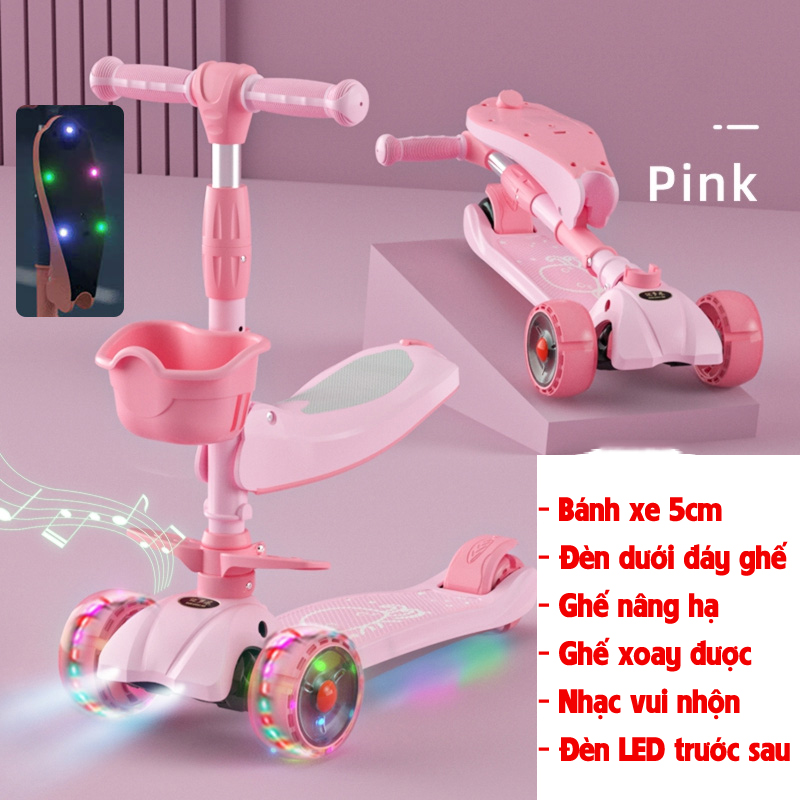 Xe scooter trẻ bé kiêm xe cân bằng, có ghế gấp gọn, có nhạc và đèn chiếu sáng, nâng hạ độ cao bánh xe 5 cm