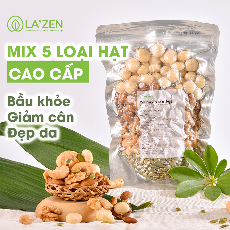Hạt mix 5 loại hạt dinh dưỡng (macca, hạnh nhân, hạt điều, óc chó, hạt bí hoặc nho khô) La'zen cao cấp, chất lượng loại A