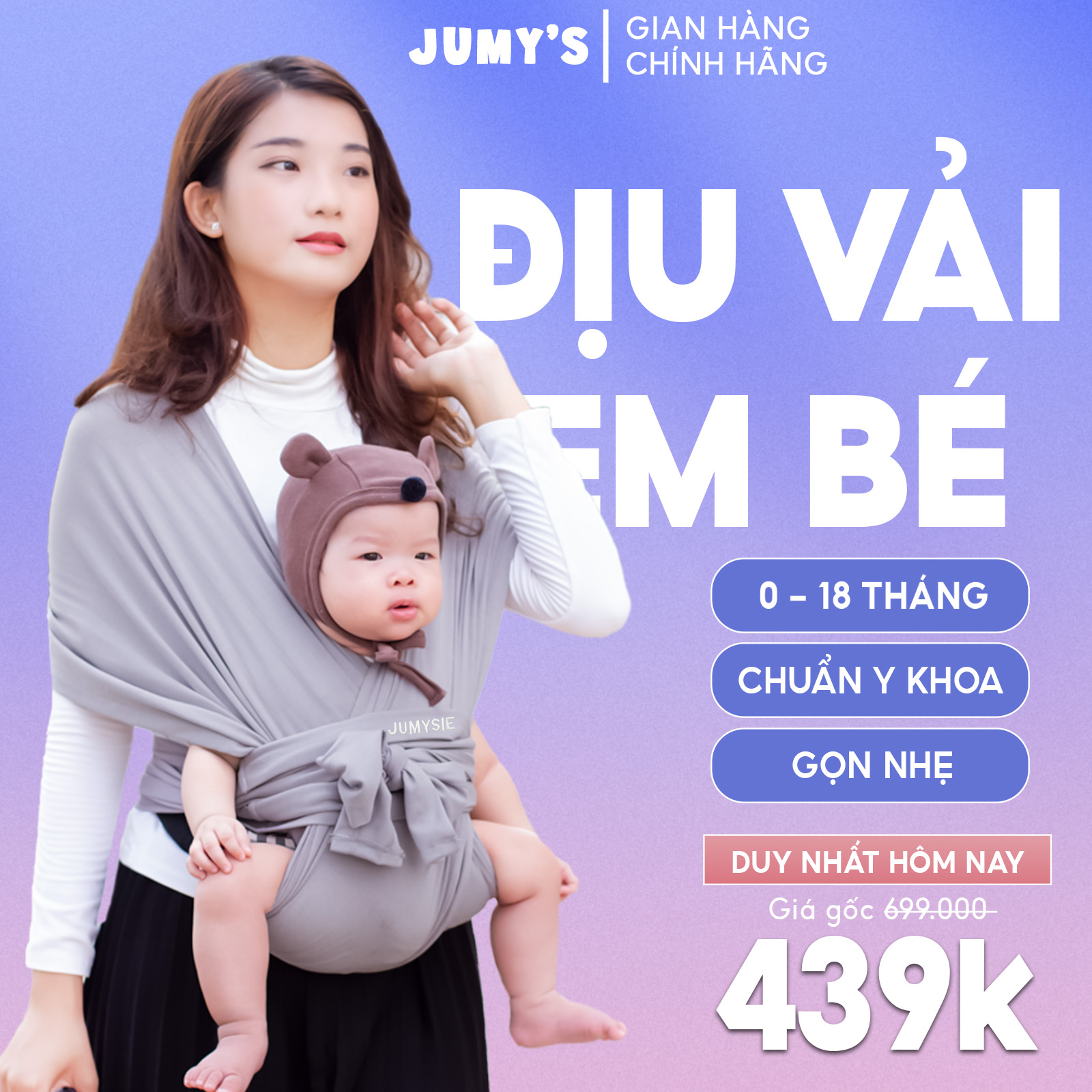 [HCM]Địu em bé sơ sinh Jumys địu vải trợ lực cao cấp chống mỏi cho mẹ chống gù cho bé hỗ trợ ngủ easy gọn nhẹ an toàn dễ dùng - Màu Ghi