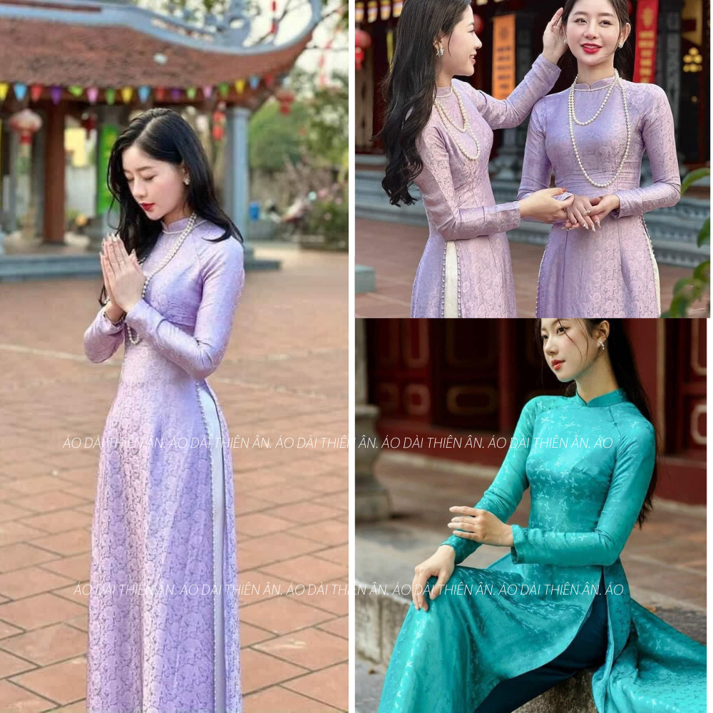 Áo dài truyền thống gấm tơ vải mềm tay dài cổ 2cm