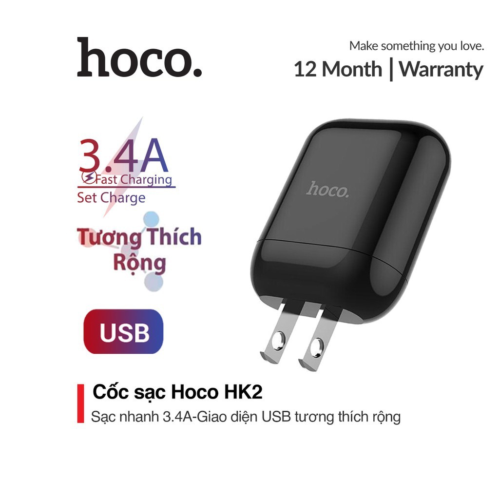 Củ Sạc Nhanh 3.4A Hoco HK2 chân dẹt 1 cổng USB tương thích rộng nhiều thiết bị Iphone ipad Samsung Huawei Xiaomi