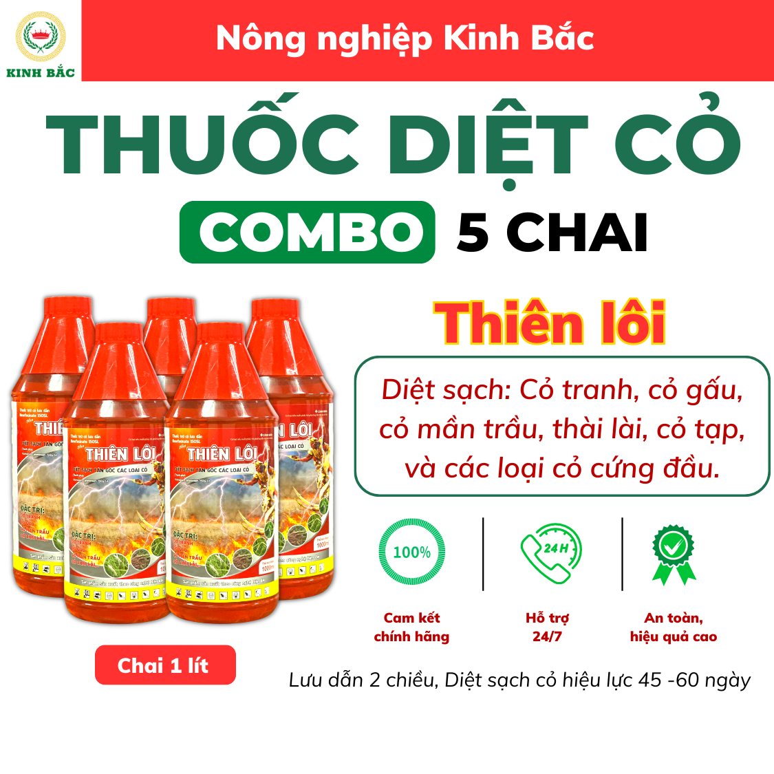 5 chai Thuốc trừ Cỏ Thiên Lôi chính hãng Kinh Bắc, chai 1 lít Newfosinate 150SL ( Cỏ chết tận gốc,thối tận đầu rễ)