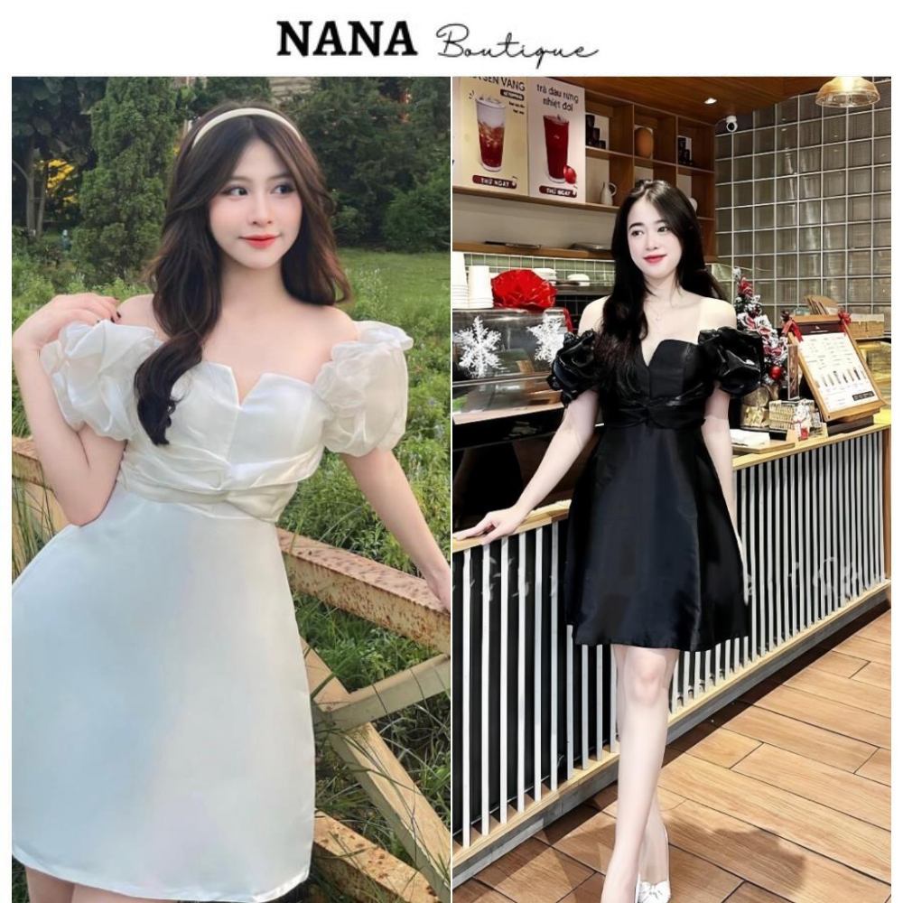 Váy dự tiệc Tafta xoắn ngực tay bồng, đầm thiết kế sang chảnh có mút ngực