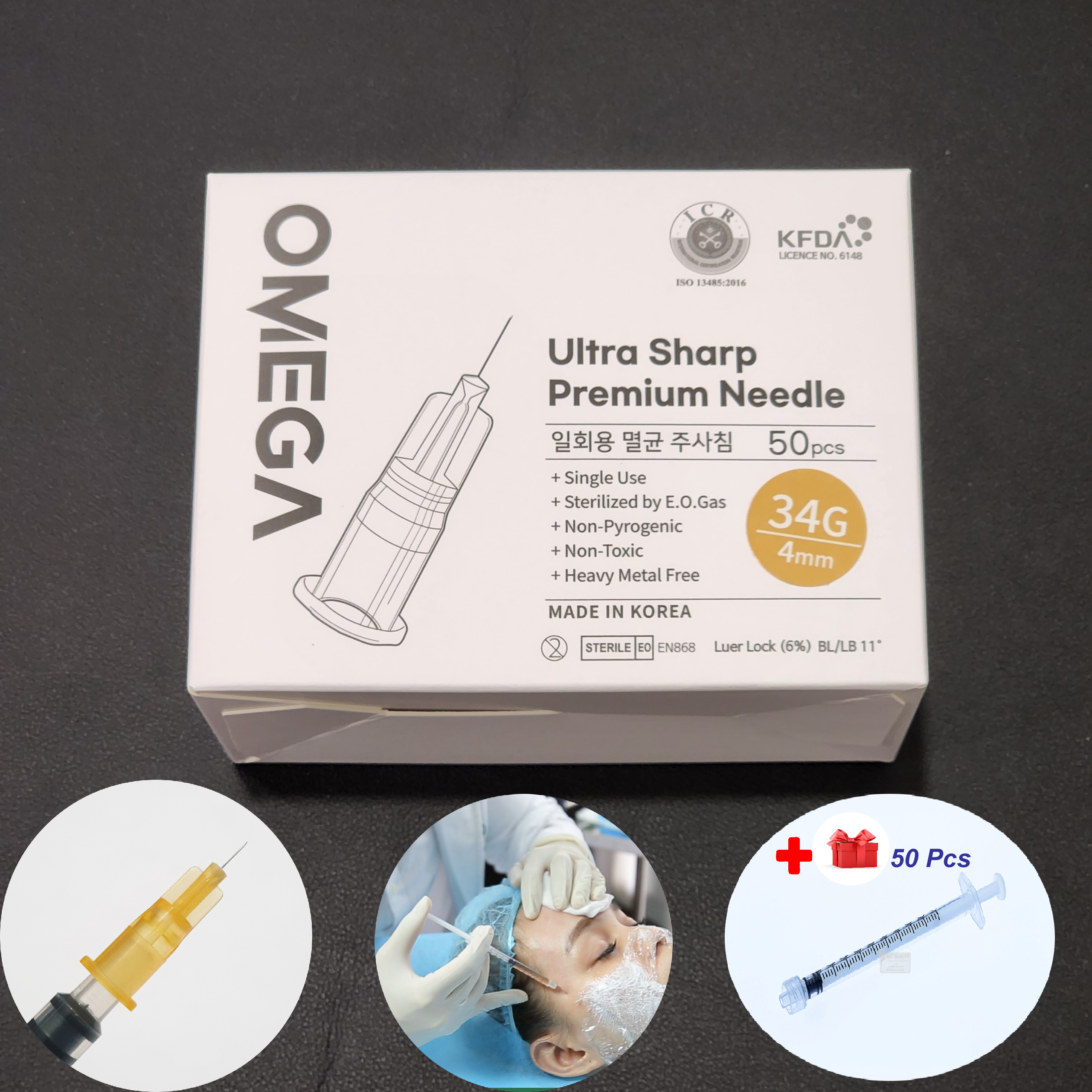 Hộp 50 đầu kim 34G 4mm OMEGA cao cấp Hàn Quốc nanoneedle tiêm cá hồi dưỡng chất prp tặng 50 cây xilanh xoắn