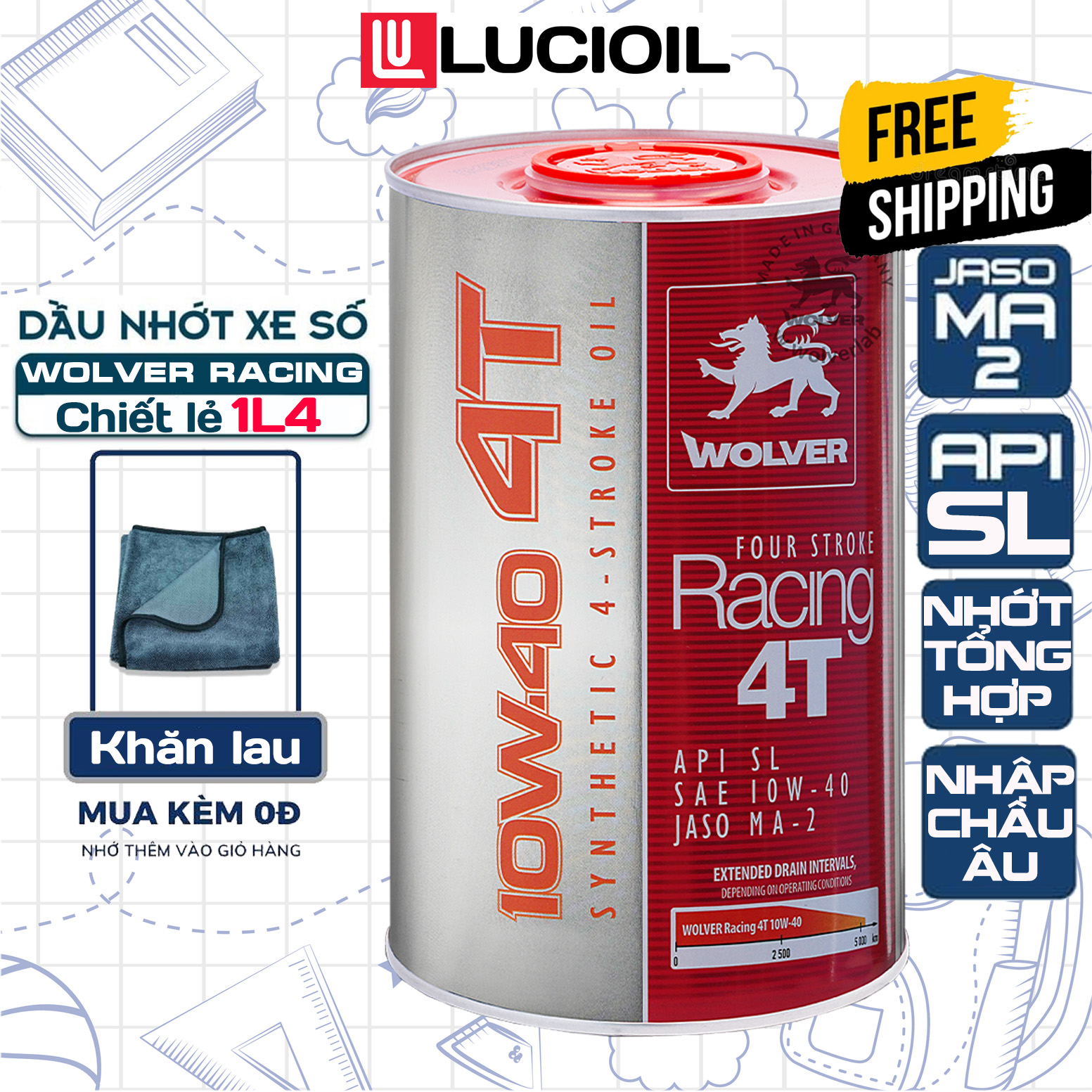 Nhớt Wolver Racing 10W40 (1,4 Lít), Nhớt Xe Máy Tổng Hợp Nhập Khẩu Từ Châu Âu, Máy Êm, Tiết Kiệm Xăng